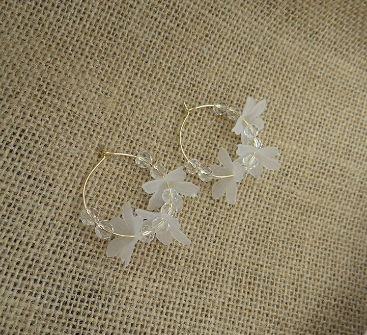 Sexy Summer 1" Hoop Earrings: Acrylic Flower and Crystals. Light and Airy.