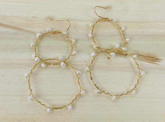 Hoop Earrings with 17 Genuine Baby Freshwater Pearls, Wire Wrapped around Double Hoop Set.