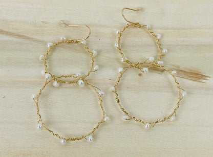 Hoop Earrings with 17 Genuine Baby Freshwater Pearls, Wire Wrapped around Double Hoop Set.