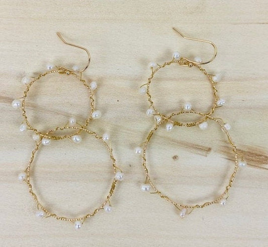 Hoop Earrings with 17 Genuine Baby Freshwater Pearls, Wire Wrapped around Double Hoop Set.