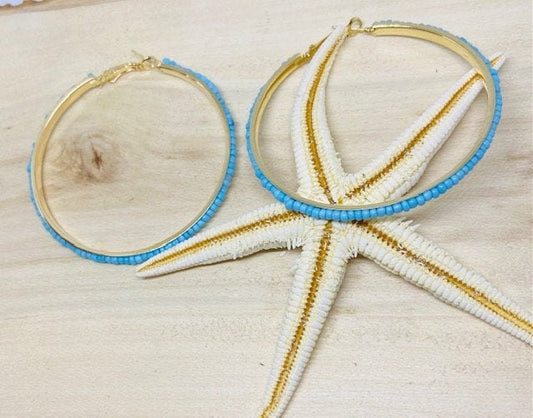 Yellow and Blue Beaded inset Hoop  Earrings