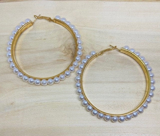 Pearl Hoops Inset in a 2.5" gold Hoop Earrings