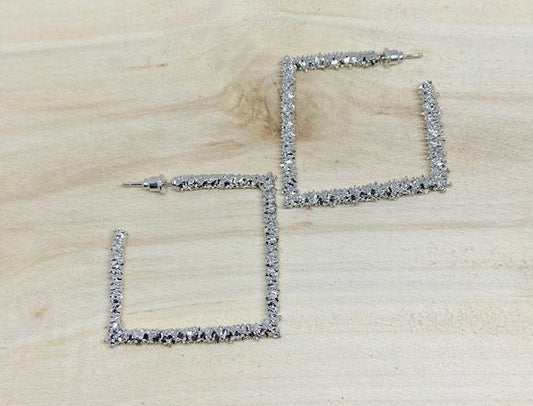 Square Crusted Silver Hoop Earrings
