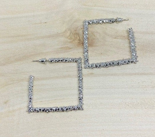 Square Crusted Silver Hoop Earrings