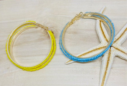 Yellow and Blue Beaded inset Hoop  Earrings
