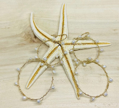 Hoop Earrings with 17 Genuine Baby Freshwater Pearls, Wire Wrapped around Double Hoop Set.