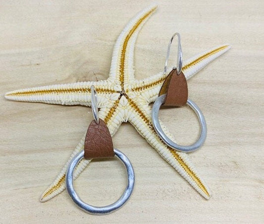 Silver Hook together with Genuine Leather Loop and Round Silver Hoop Earrings
