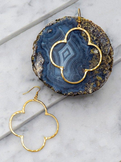 Elegant 2" Hoop in Hammered Clover Shaped Earring that is Simply Classy. Choice of Gold or Silver.
