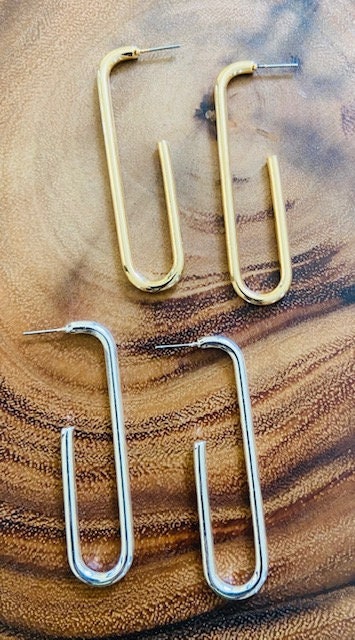 U Shaped Oval Hoop Earrings in 1/2" Width & 2.5" Long. Modern and Sleek Elegant Looking Earrings.