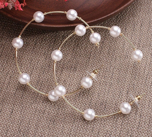 Hoop Earrings with 7 Pearls each, 2" Width. Super Sexy with Little Stop Locks on Each Pearl.