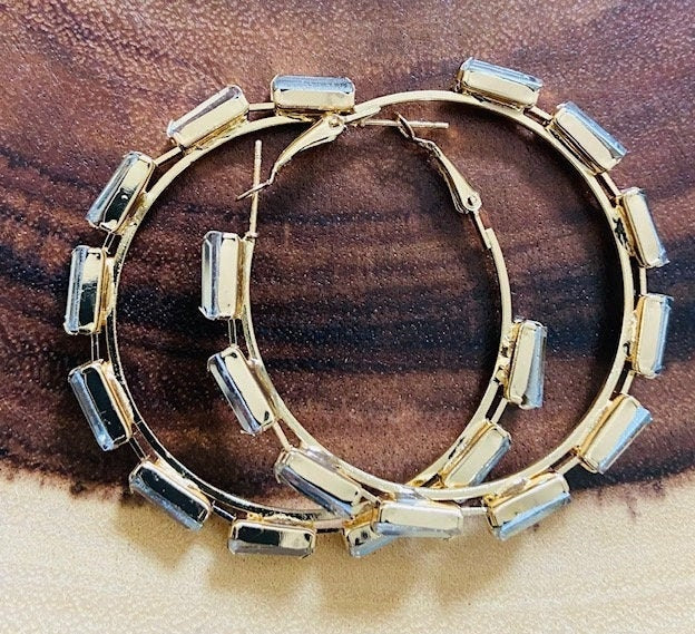 Hoop Earrings with Bling Rhinestones Surrounded.  2.5" Super Flashy and Fancy.