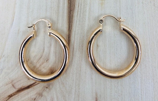 Gold Plated Hoop Earrings in High Finished Quality. In 1 1/4" and 2"
