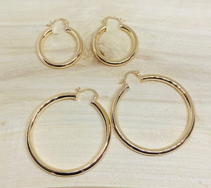 Gold Plated Hoop Earrings in High Finished Quality. In 1 1/4" and 2"