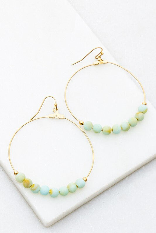 Amazonite Hoop Earrings. Thin Gold Plated Hoops with Natural Stone Beads.