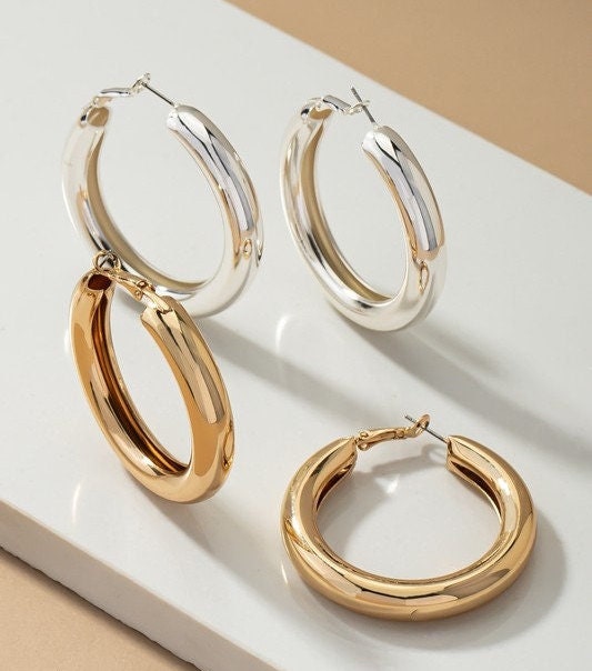 Sexy Bold Fat puffy Gold Hollow Hoop Earrings. 1.5" wide