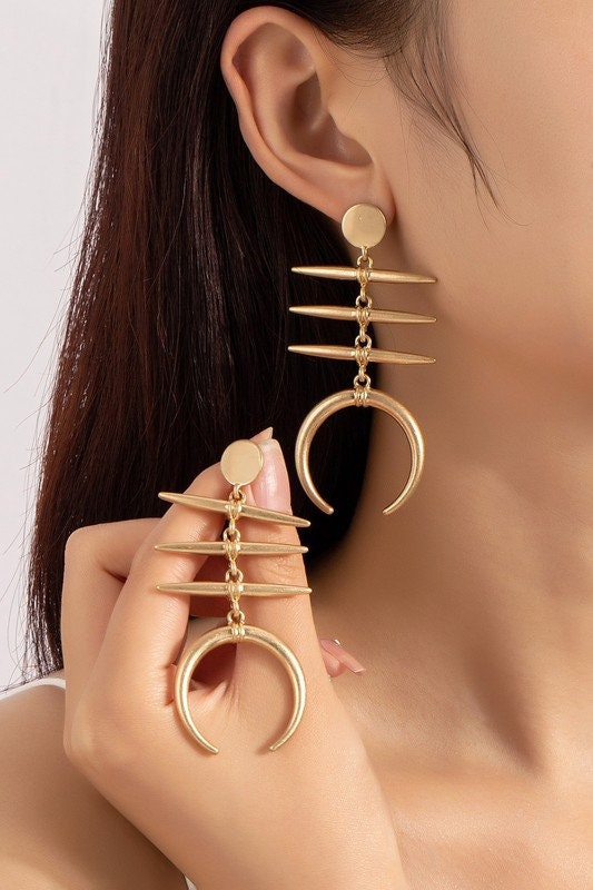 Ethnic Three Sticks and Horn Drop Open Hoop Antique Brush Gold Earrings. 1.25"X 3"