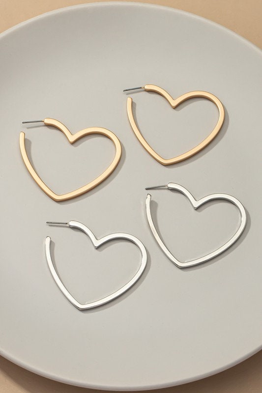 Perfect Heart shaped Hoop Earrings, Handmade and polished in matte Gold and Silver